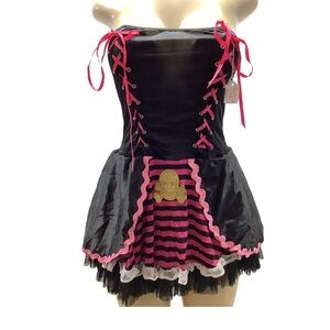 Black and Pink Vintage Corset Dress with Gold Skull and Ruffle Trim